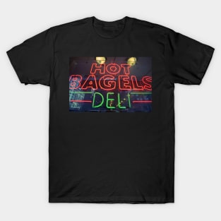 Hot Bagels Deli neon sign in New York City T-Shirt